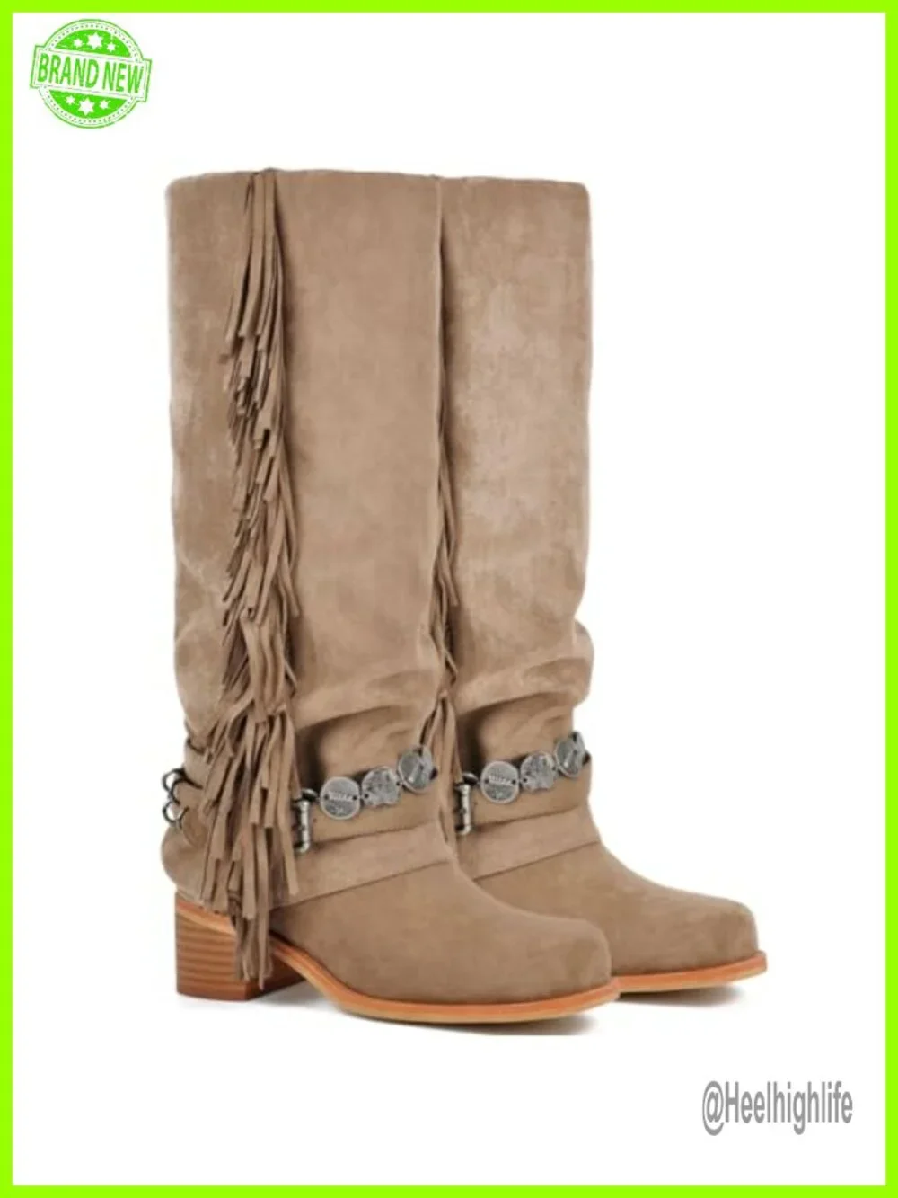 Knee High Riding Boots with Fringes Buckle Straps Chunky Heel Square Toe